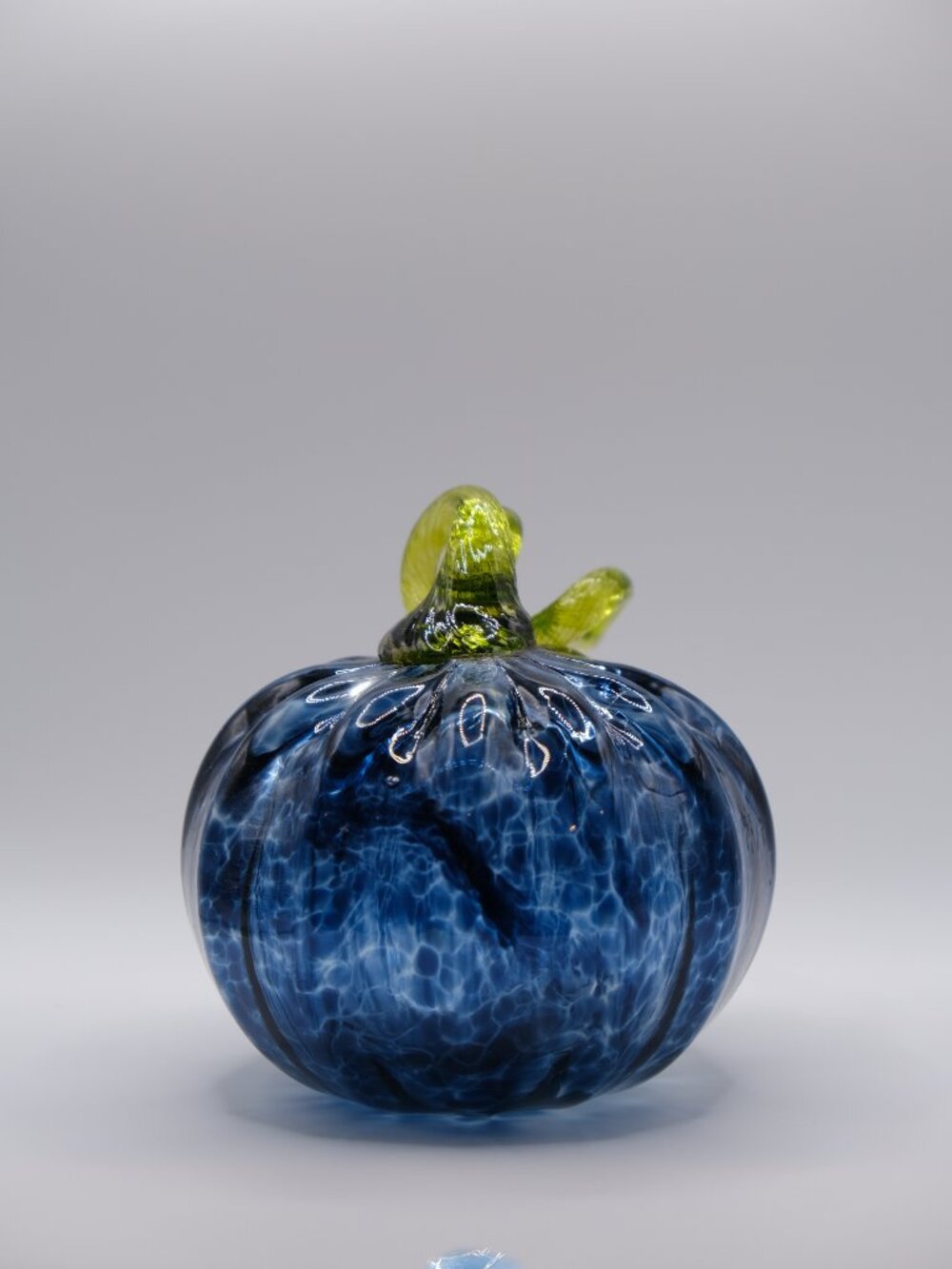 Hand-Blown Glass Pumpkin | Medium Size | Dark Blue Swirl with Green Stem - Picture 7 of 14